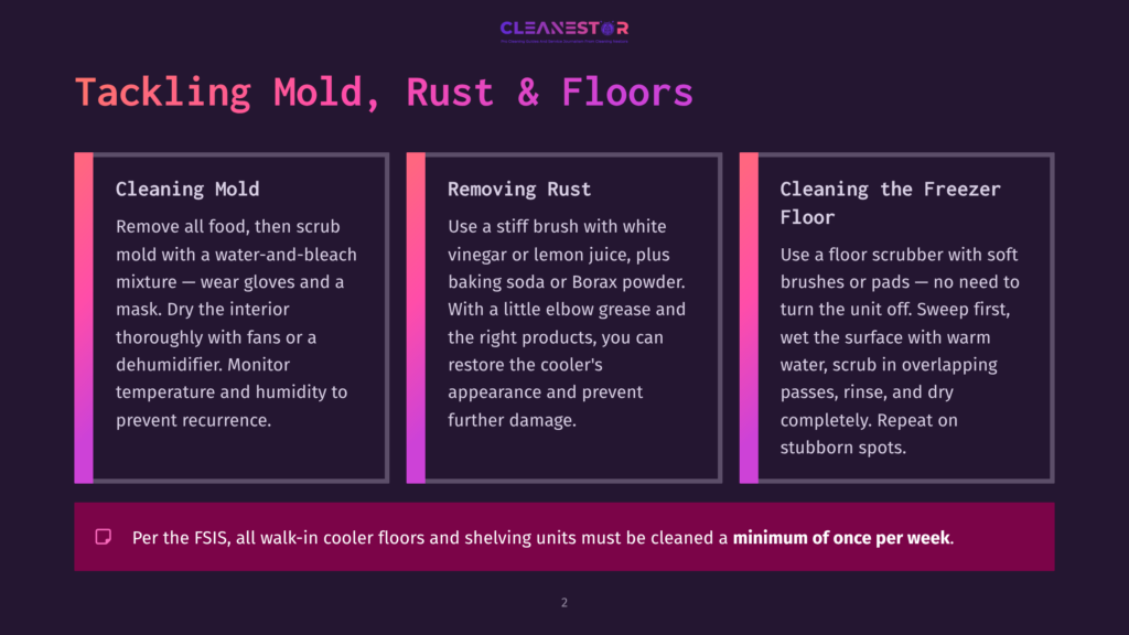 Infographic On Tackling Mold, Rust, And Floors In Walk-In Coolers. Sections Cover Cleaning Mold, Removing Rust, And Cleaning The Freezer Floor, With A Note That Units Need Cleaning Weekly.