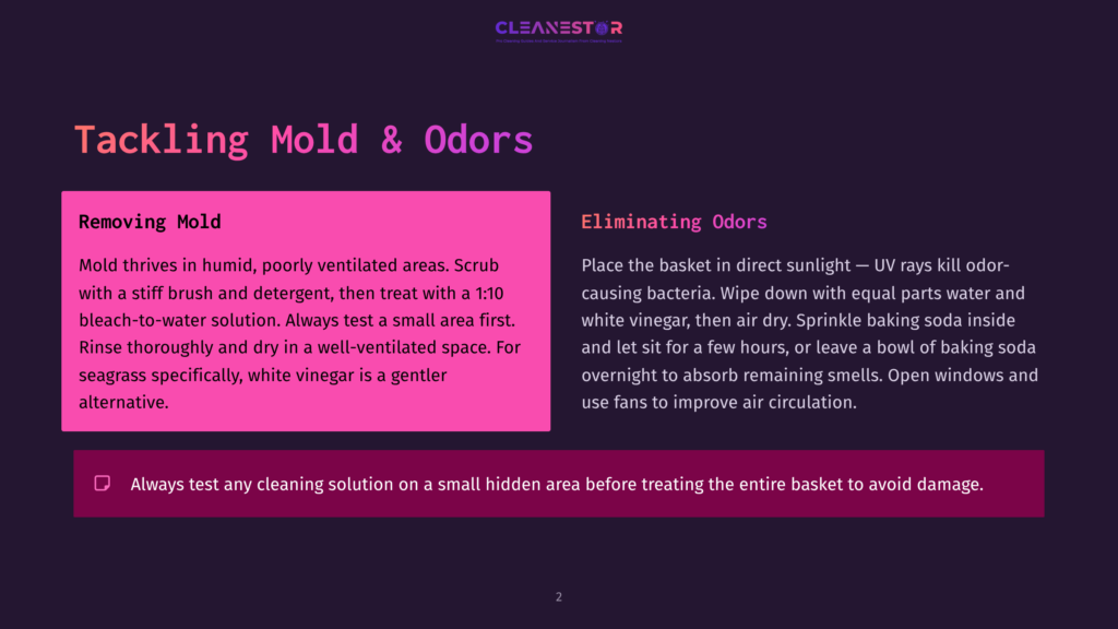 Tackling Mold &Amp; Odors: Removing Mold With A Bleach-Water Solution And Eliminating Odors With Uv Rays, White Vinegar, And Baking Soda. Always Test Cleaning Solutions On A Small Hidden Area First.