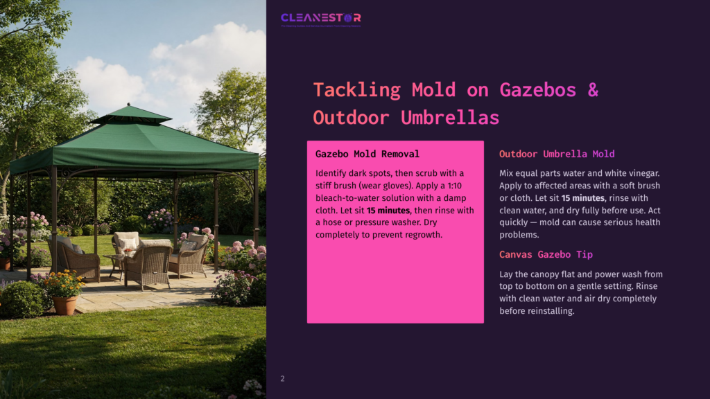 A Green Gazebo With Wicker Furniture And Potted Flowers Sits On A Paved Patio In A Lush Garden. Text Overlay Reads: &Quot;Cleanestor - Tackling Mold On Gazebos &Amp; Outdoor Umbrellas&Quot;.