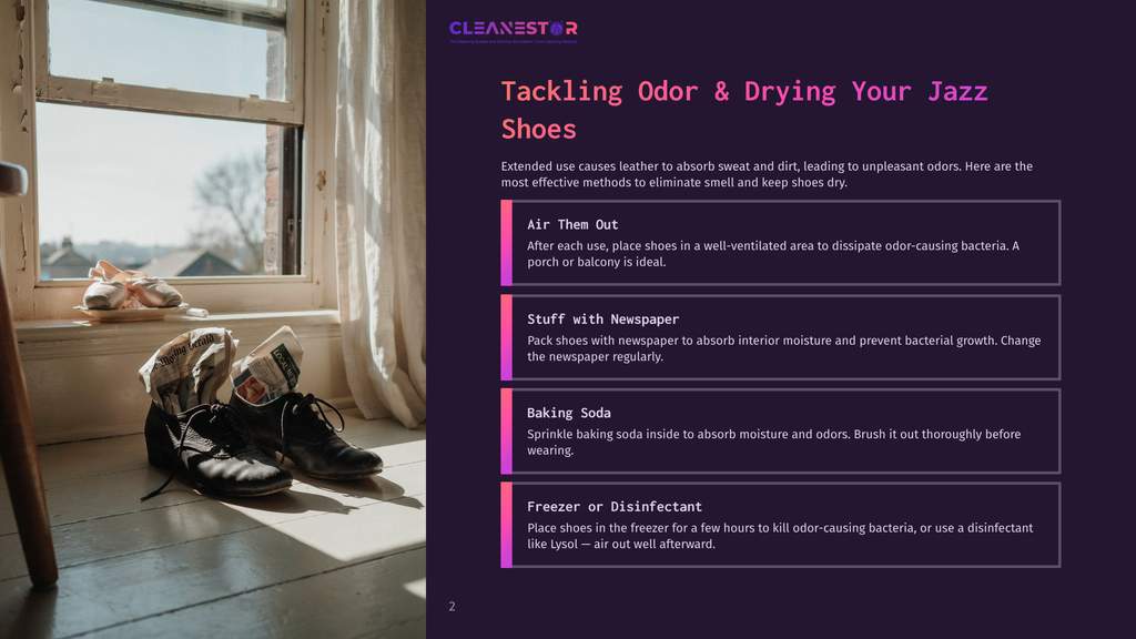 Cleanestor Logo And Text: &Quot;Tackling Odor &Amp; Drying Your Jazz Shoes&Quot;. Several Methods For Odor Absorption And Drying Are Listed.
