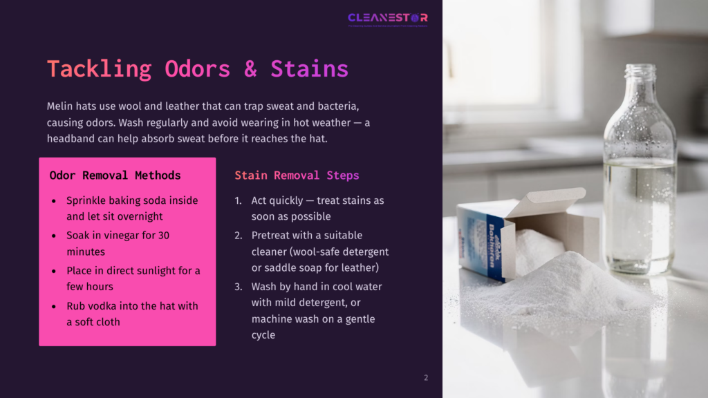 A Close-Up Of A Bottle Of White Vinegar And A Box Of Baking Soda Next To A Pile Of White Powder, With Text Overlay About Tackling Odors And Stains With Cleaning Methods.