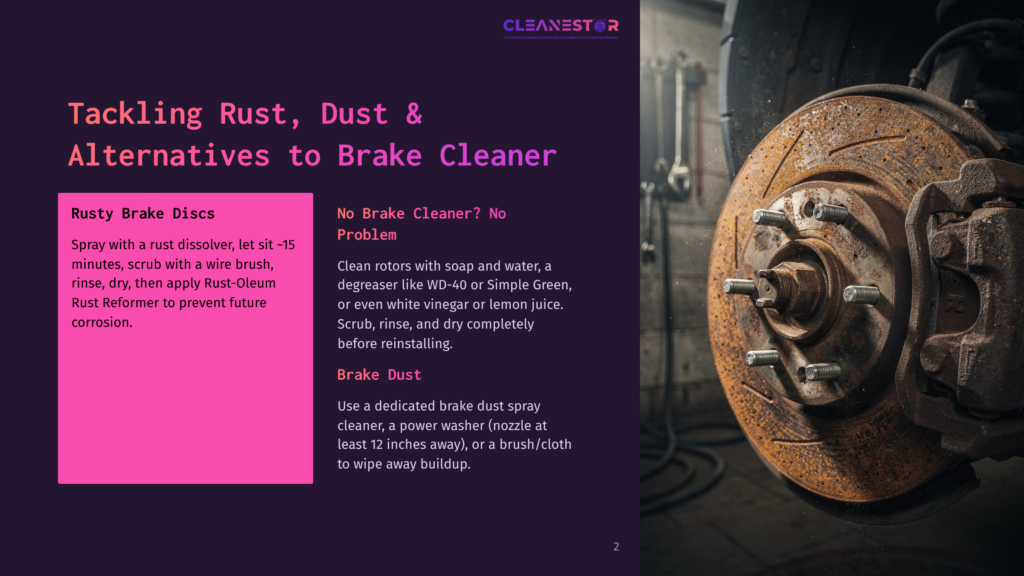 2 Tackling Rust Dust And Alternatives To Brake Cleaner Close-Up Of A Rusty Brake Rotor And Caliper, With Text Overlay &Quot;Tackling Rust, Dust &Amp; Alternatives To Brake Cleaner&Quot; And &Quot;Rusty Brake Discs&Quot;.