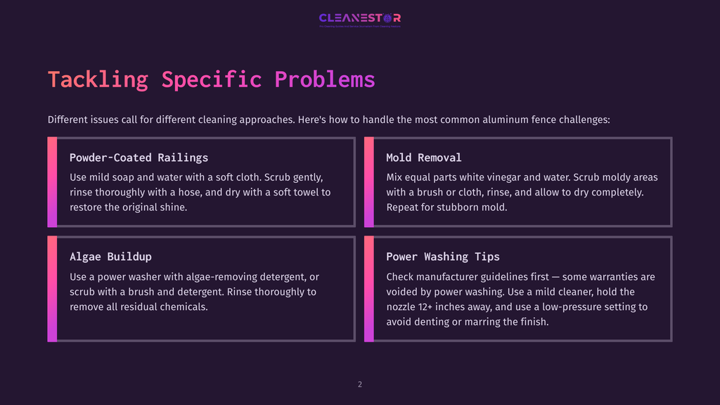 Tackling Specific Problems: A Graphic Outlining Cleaning Solutions For Powder-Coated Railings, Mold Removal, Algae Buildup, And Power Washing Tips For Aluminum Fences.