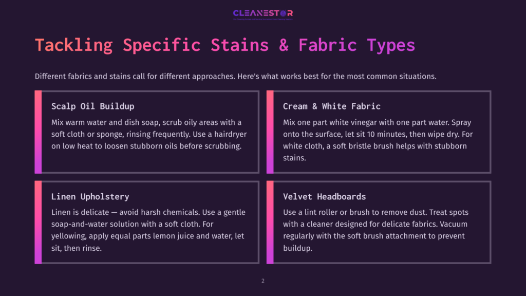 Infographic Detailing How To Tackle Specific Stains And Fabric Types, Including Scalp Oil Buildup, Cream And White Fabric Stains, Linen Upholstery, And Velvet Headboards. The Cleanestor Logo Is At The Top.