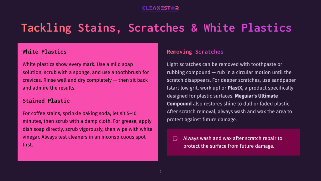The Graphic &Quot;Tackling Stains, Scratches &Amp; White Plastics&Quot; From Cleanestor Offers Tips For Cleaning White Plastics, Including Using Soap And A Toothbrush For General Stains And Baking Soda For Coffee Stains And Grease.