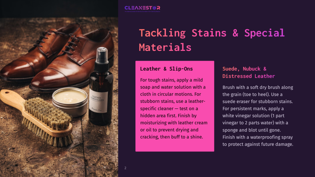 2 Tackling Stains And Special Materials 1 Brown Leather Dress Shoes, A Shoe Brush, And A Tin Of Leather Conditioner Sit On A Textured Wooden Surface, Ready For Cleaning.