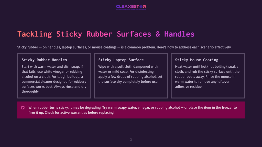 Tackling Sticky Rubber Surfaces &Amp; Handles: Advice On Cleaning Sticky Rubber Handles, Sticky Laptop Surfaces With Water Or Mild Soap, And Sticky Mouse Coating With Rubbing Alcohol.