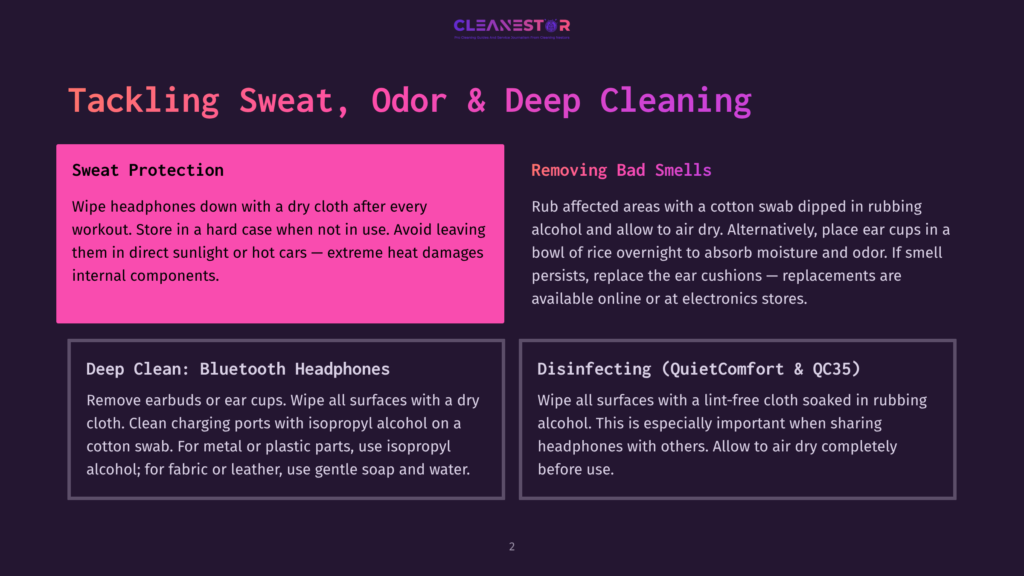 Diagram With Tips For Cleaning Headphones: Sweat Protection, Removing Bad Smells, Deep Cleaning Bluetooth Headphones, And Disinfecting Quietcomfort &Amp; Qc35 Headphones.