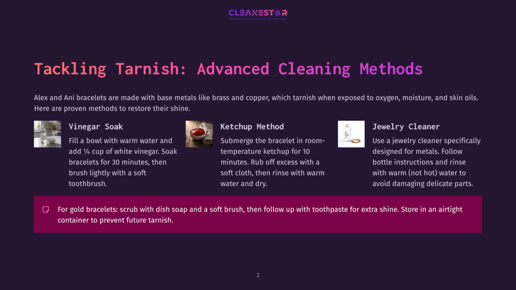 2 Tackling Tarnish Advanced Cleaning Methods Infographic Titled &Quot;Tackling Tarnish: Advanced Cleaning Methods&Quot; Showing Three Methods: Vinegar Soak, Ketchup Method, And Jewelry Cleaner, With A Fourth Tip About Cleaning Gold Bracelets.