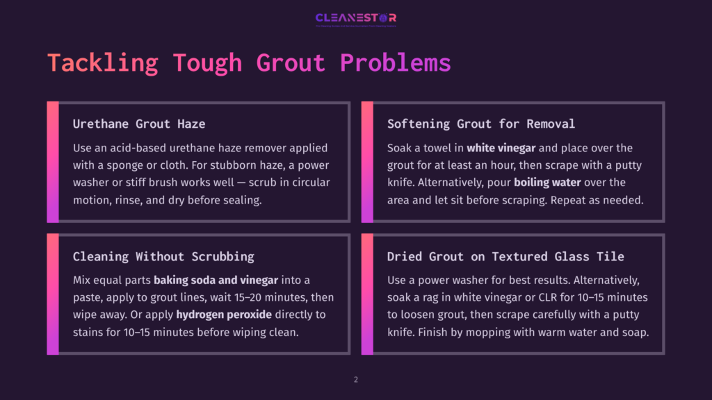 Infographic Detailing How To Tackle Tough Grout Problems, Including Sections On Urethane Grout Haze, Softening Grout For Removal, Cleaning Without Scrubbing, And Dried Grout On Textured Glass Tile.
