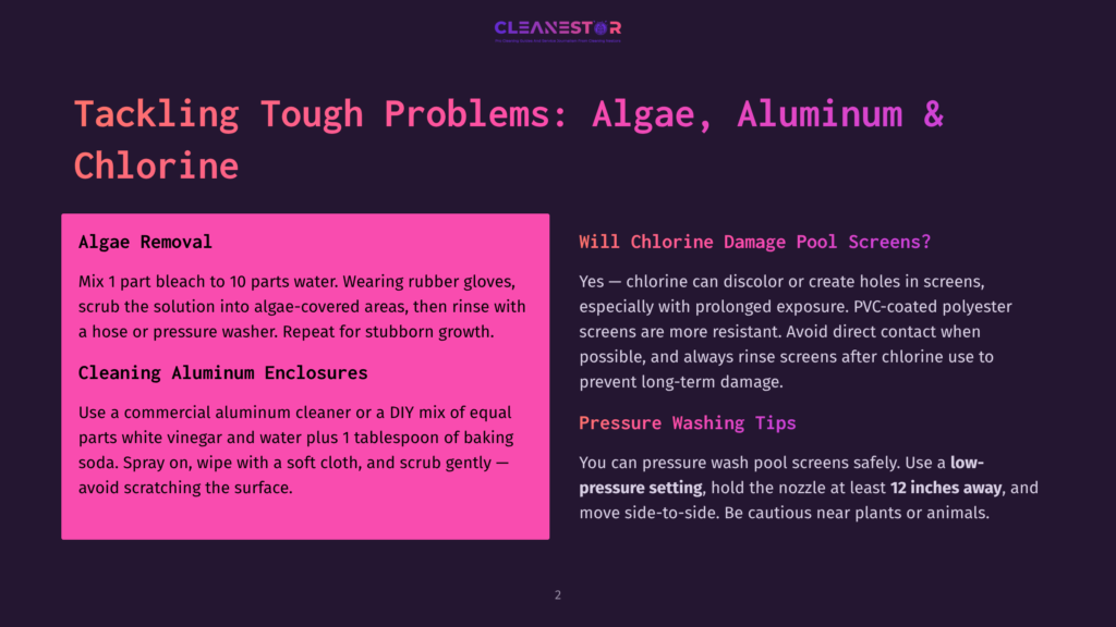 Infographic Slide From Cleanestor Titled &Quot;Tackling Tough Problems: Algae, Aluminum &Amp; Chlorine&Quot;. Left Side Details Algae Removal And Cleaning Aluminum Enclosures With Text And Bullet Points. Right Side Discusses Chlorine Damage To Pool Screens And Pressure Washing Tips.