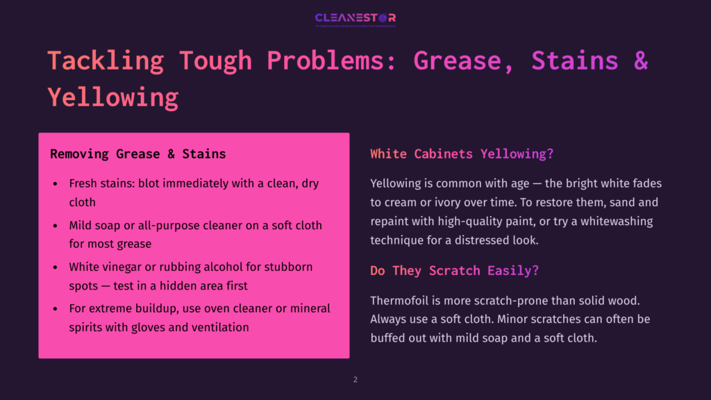 Slide Titled &Quot;Tackling Tough Problems: Grease, Stains &Amp; Yellowing&Quot; With Sections On &Quot;Removing Grease &Amp; Stains&Quot; And &Quot;White Cabinets Yellowing?&Quot;.