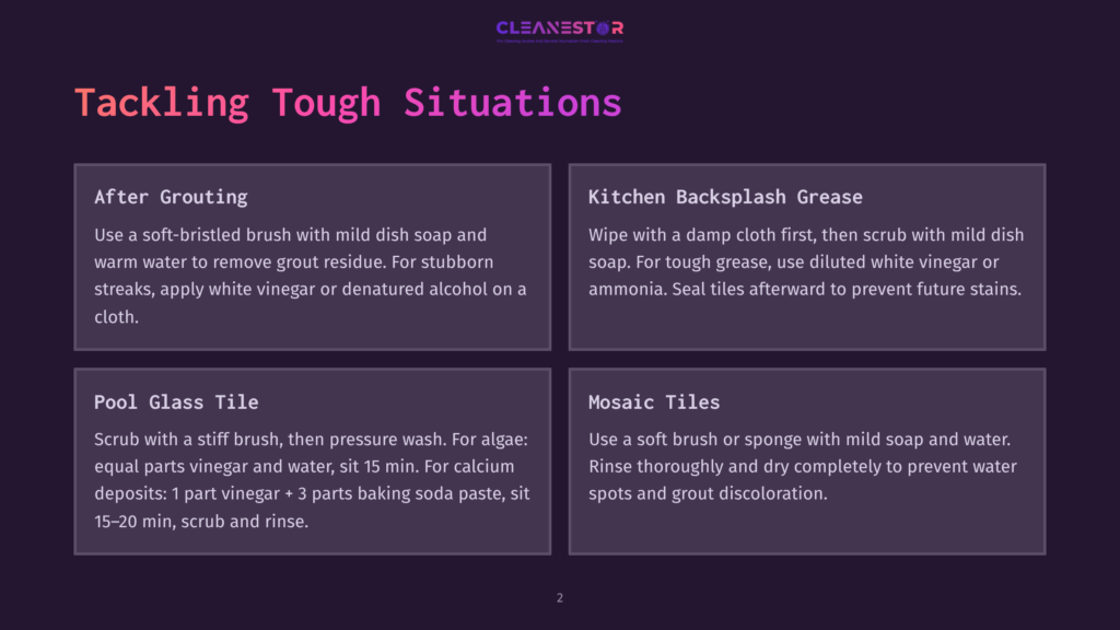 Cleanestor Logo And Text On A Dark Background, With Four Sections Detailing How To Tackle Tough Cleaning Situations: After Grouting, Kitchen Backsplash Grease, Pool Glass Tile, And Mosaic Tiles.