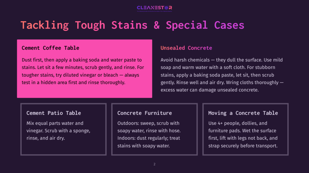 A Dark Purple Graphic With Text Titled &Quot;Tackling Tough Stains &Amp; Special Cases.&Quot; Sections Detail Cleaning Tips For Cement Coffee Tables, Unsealed Concrete, Concrete Patio Tables, Concrete Furniture, And Moving A Concrete Table.