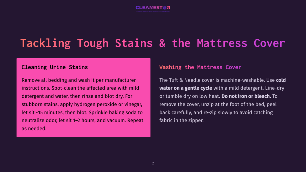 Two Columns Of Text On A Dark Purple Background. The Left Column, In A Pink Box, Is Titled &Quot;Cleaning Urine Stains&Quot; And Provides Instructions. The Right Column, Titled &Quot;Washing The Mattress Cover&Quot;, Offers Advice On Cleaning A Mattress Cover.