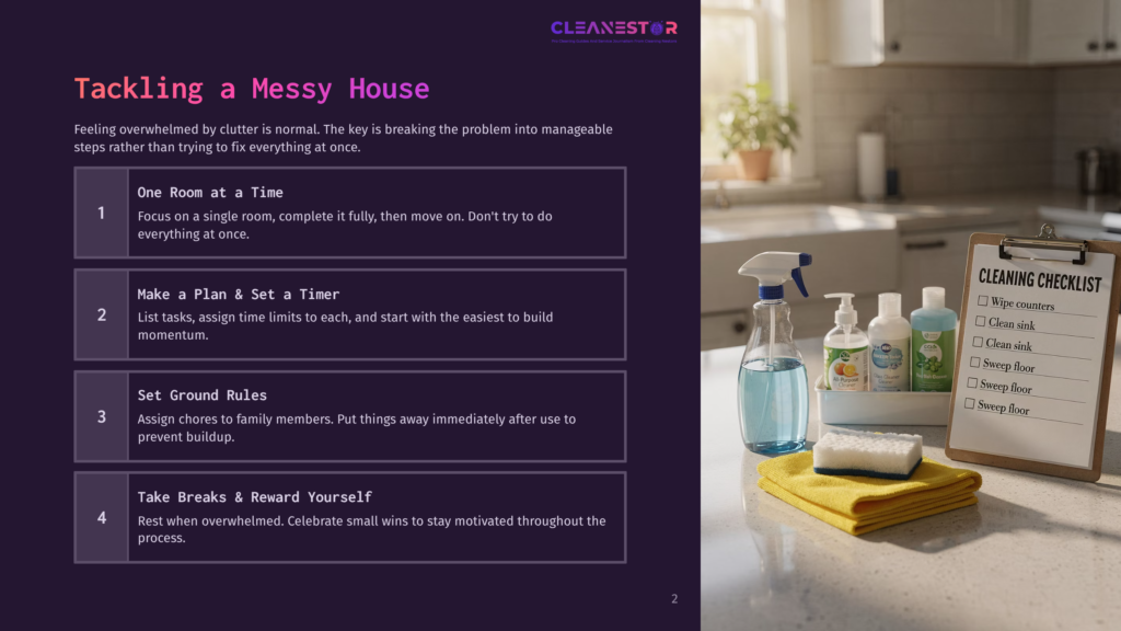 2 Tackling A Messy House A Kitchen Counter With Cleaning Supplies, A Checklist, And A Yellow Towel. Text Overlay Reads &Quot;Cleanestor&Quot; And &Quot;Tackling A Messy House&Quot; With Four Steps: &Quot;One Room At A Time&Quot;, &Quot;Make A Plan &Amp; Set A Timer&Quot;, &Quot;Set Ground Rules&Quot;, And &Quot;Take Breaks &Amp; Reward Yourself&Quot;.