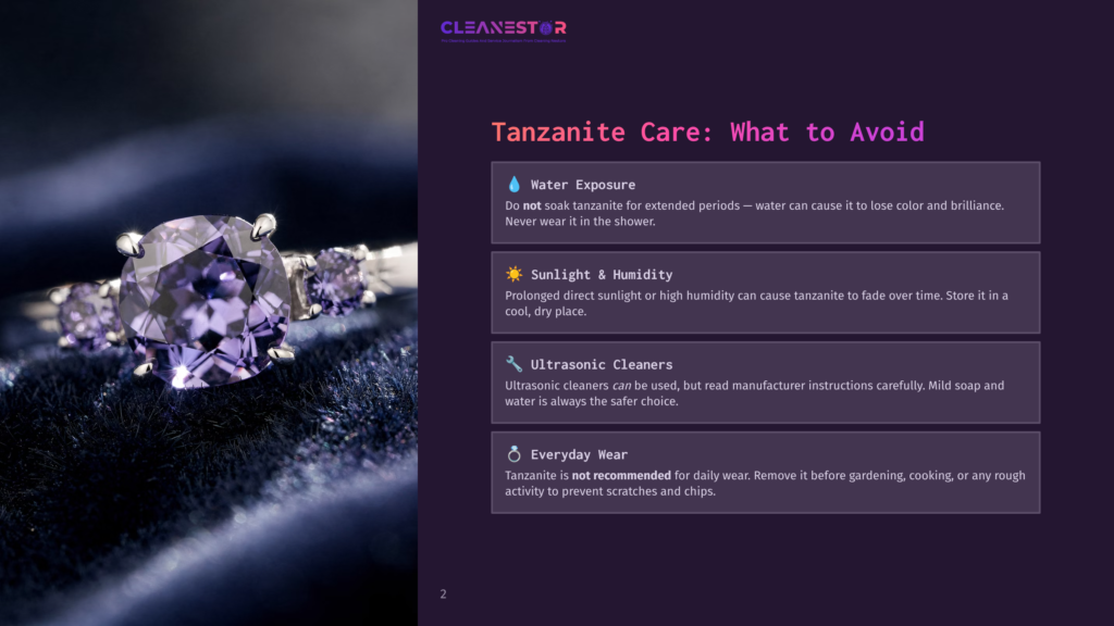 Close-Up Of A Tanzanite Ring With Three Oval Tanzanite Stones Set In A Platinum Band, Resting On A Dark Blue Velvet Fabric. The Image Also Displays Text About Tanzanite Care.