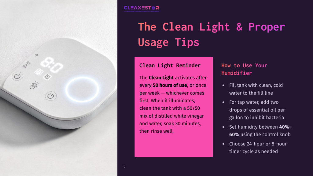 2 The Clean Light And Proper Usage Tips Close-Up Of A White Humidifier With A Glowing Ring Display Showing &Quot;8:00&Quot; And Illuminated Icons For Mist, Timer, And Power. The Clean Light &Amp; Proper Usage Tips Text Is Visible On The Right.