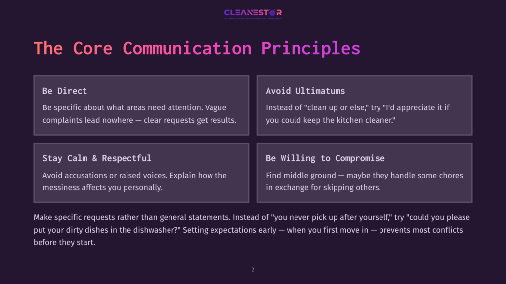 Cleanestor Logo And &Quot;The Core Communication Principles&Quot; Title Above Four Boxes Detailing Principles: &Quot;Be Direct,&Quot; &Quot;Avoid Ultimatums,&Quot; &Quot;Stay Calm &Amp; Respectful,&Quot; And &Quot;Be Willing To Compromise.