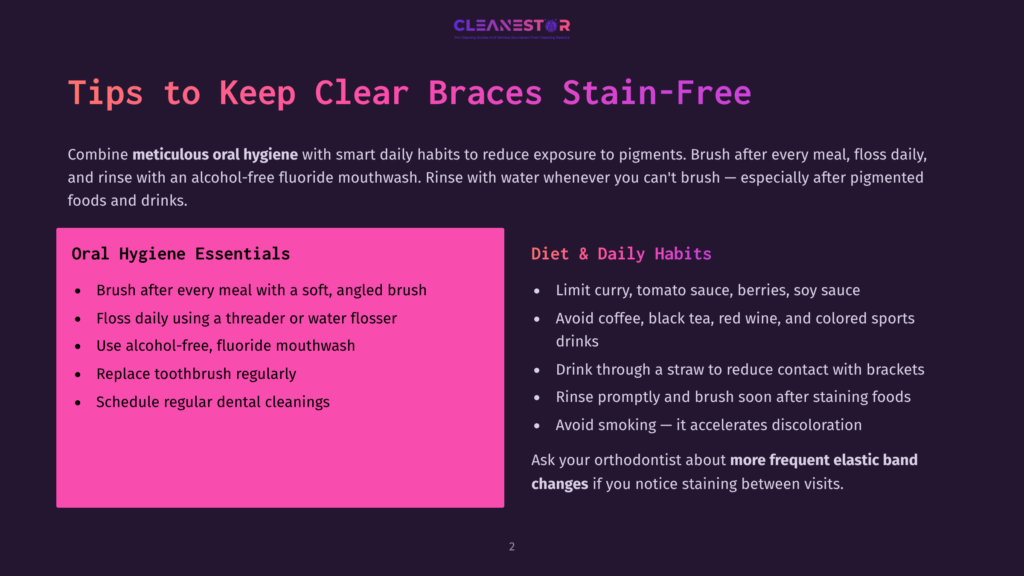 2 Tips To Keep Clear Braces Stain Free Infographic Titled &Quot;Tips To Keep Clear Braces Stain-Free,&Quot; Detailing Oral Hygiene Essentials And Diet &Amp; Daily Habits For Maintaining Clean Braces.