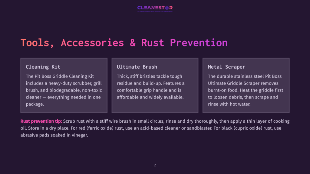 Tools, Accessories &Amp; Rust Prevention: Cleaning Kit, Ultimate Brush, Metal Scraper. Rust Prevention Tip: Scrub Rust With A Stiff Wire Brush, Then Apply A Thin Layer Of Cooking Oil.