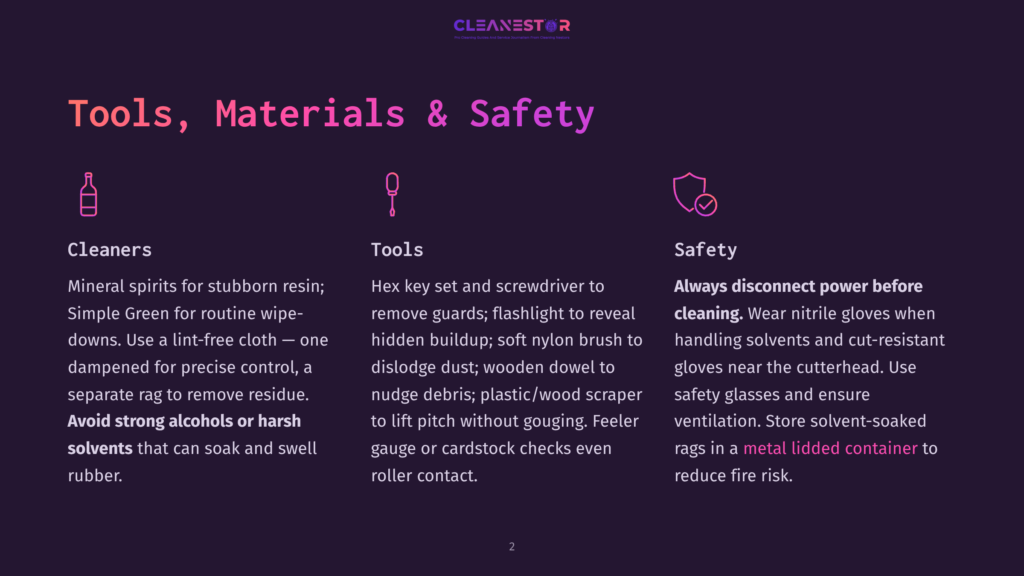2 Tools Materials And Safety Image Displaying Three Sections: Cleaners With A Bottle Icon, Tools With A Screwdriver Icon, And Safety With A Shield Icon. Text Details Cleaning Supplies, Tools, And Safety Precautions.