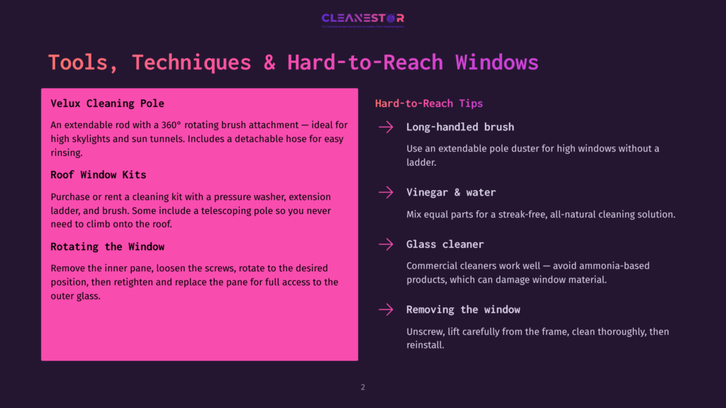 Image Displays Text About Cleaning Tools, Techniques, And Hard-To-Reach Windows. Includes Sections On Velux Cleaning Pole, Roof Window Kits, Rotating The Window, And Hard-To-Reach Tips Like Using A Long-Handled Duster And Glass Cleaner.