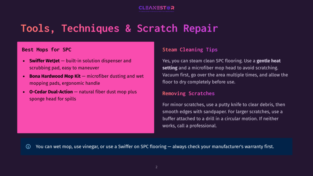 A Dark Purple Slide With The Title &Quot;Tools, Techniques &Amp; Scratch Repair&Quot; Lists Best Mops For Spc, Including Swiffer Wetjet And Bona Hardwood Mop Kit, And Steam Cleaning Tips For Spc Flooring, Including Gentle Heat Setting And Removing Scratches.