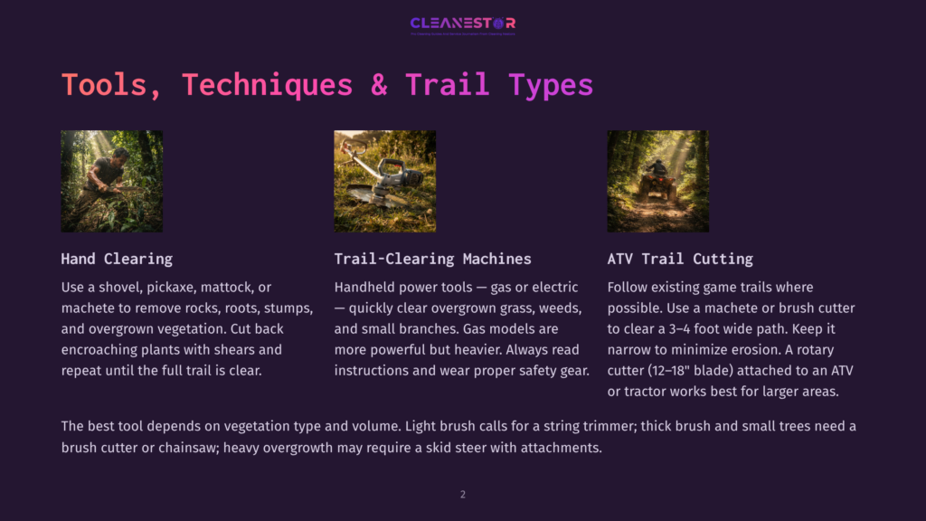 2 Tools Techniques And Trail Types Tools, Techniques &Amp; Trail Types: A Person Clearing A Trail With A Shovel And Machete, A Power Tool Clearing Overgrown Vegetation, And An Atv Navigating A Wide Trail.