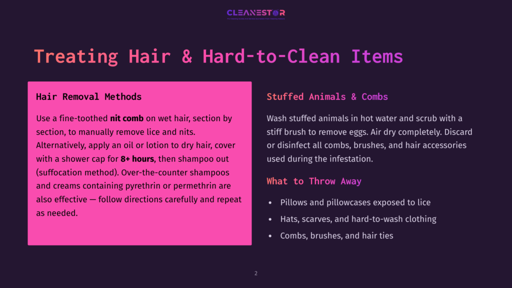Slide Detailing Hair Removal Methods And Treating Stuffed Animals And Combs, With Text On Treating Lice And Infestation.