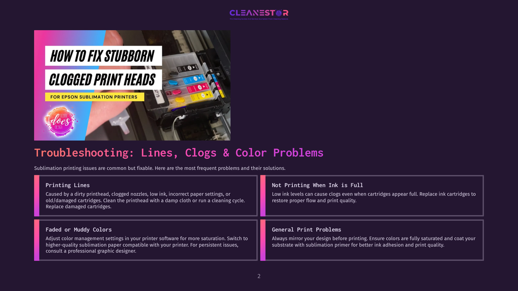 Close-Up Of Epson Sublimation Printer Ink Cartridges, Showing Cyan, Magenta, Yellow, And Black Colors, With The Text &Quot;Does&Quot; In A Pink Circle. The Image Highlights How To Fix Stubborn Clogged Print Heads In Epson Sublimation Printers.