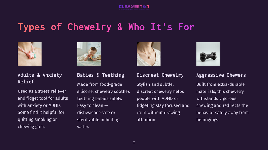 2 Types Of Chewelry And Who Its For Four Types Of Chewelry: Adults &Amp; Anxiety Relief, Babies &Amp; Teething, Discreet Chewelry, And Aggressive Chewers, Shown With Product Images And Descriptions.