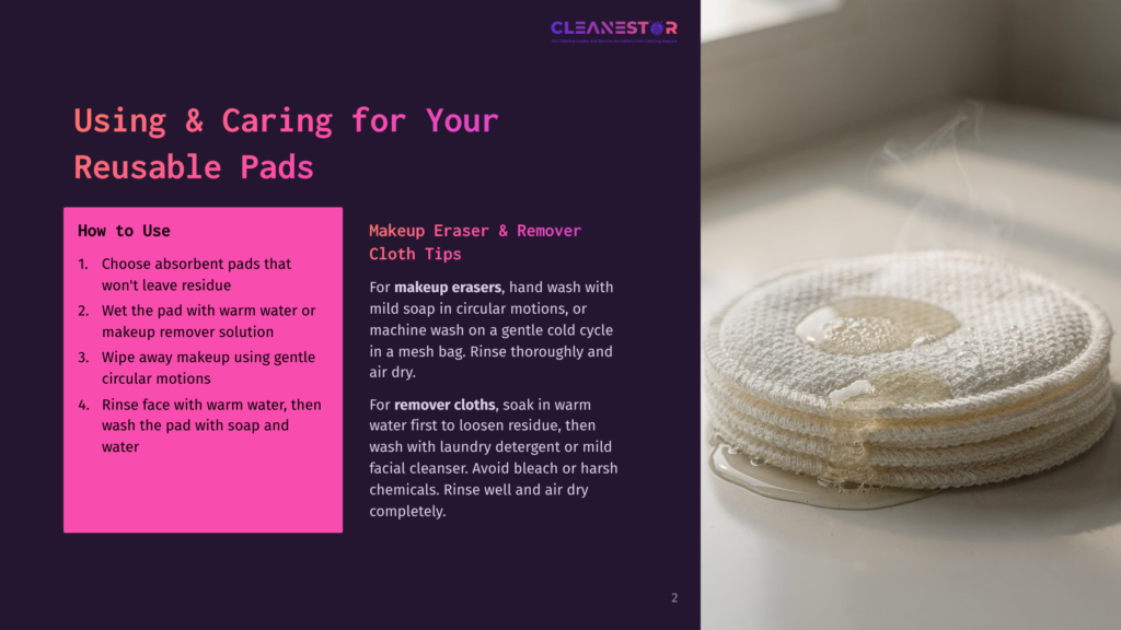Close-Up Of A Stack Of White, Textured Reusable Makeup Remover Pads Being Rinsed With Water, With Cleaning Instructions From &Quot;Cleanestor&Quot; Visible In The Background.
