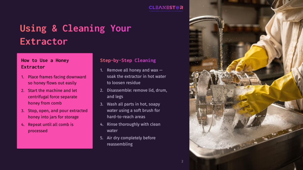 2 Using And Cleaning Your Extractor Close-Up Of A Beekeeper In Yellow Gloves Cleaning A Honey Extractor Under Running Water. Instructions On Using And Cleaning A Honey Extractor Are Visible On The Left.