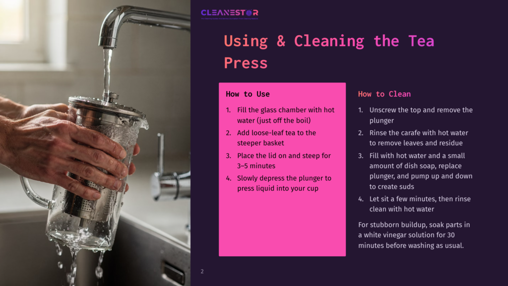 Close-Up Of Hands Rinsing A Glass Tea Press Under A Running Faucet, With Instructions For Using And Cleaning The Tea Press Visible In The Background.