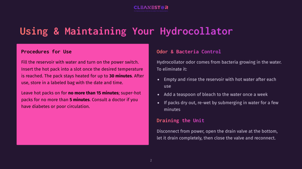 Slide Titled &Quot;Using &Amp; Maintaining Your Hydrocollator,&Quot; Detailing Procedures For Use, Odor, And Bacteria Control, And Drain Valve Operation.