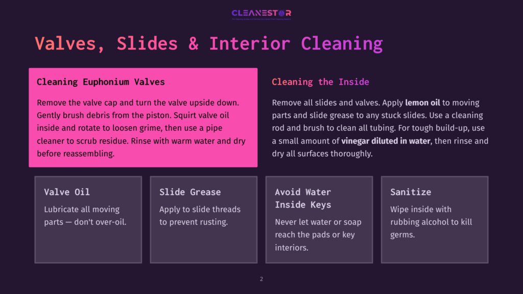 2 Valves Slides And Interior Cleaning A Dark Purple Background With Four Distinct Sections Detailing The Cleaning Of Euphonium Valves, Slides, And Interior. Text Highlights Include &Quot;Valves, Slides &Amp; Interior Cleaning,&Quot; &Quot;Valve Oil,&Quot; &Quot;Slide Grease,&Quot; &Quot;Avoid Water Inside Keys,&Quot; And &Quot;Sanitize.