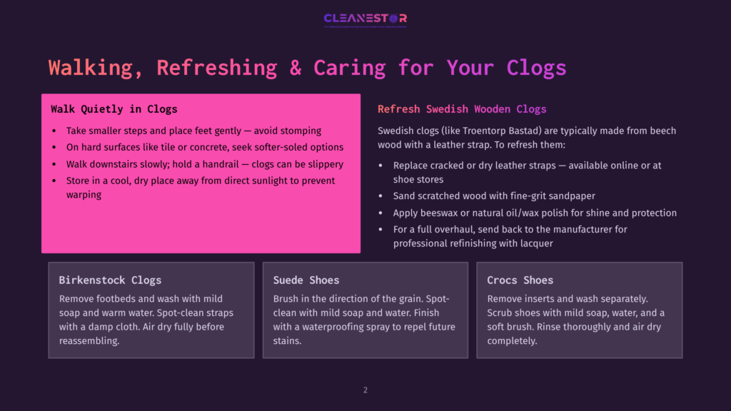 Cleanestor Brand Logo At The Top Of A Slide About Walking, Refreshing, And Caring For Clogs, With Detailed Care Instructions For Birkenstock, Suede, And Crocs Shoes.