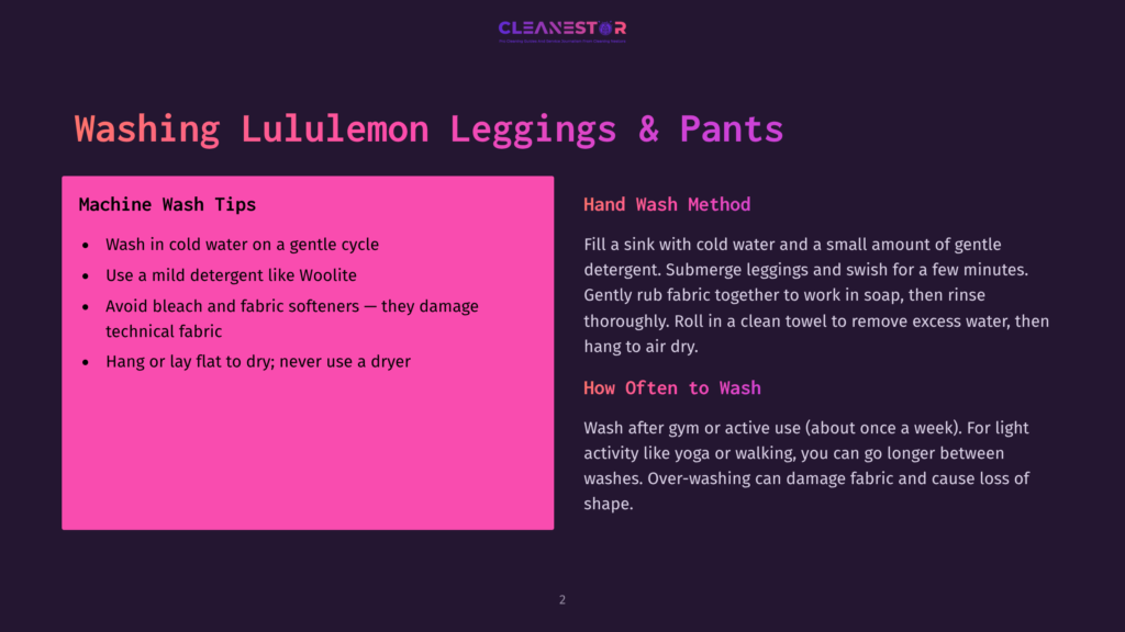 Infographic With Text &Quot;Washing Lululemon Leggings &Amp; Pants&Quot; On A Dark Purple Background, Detailing Machine And Hand Wash Tips, Including &Quot;Wash In Cold Water On A Gentle Cycle&Quot; And &Quot;Use A Mild Detergent Like Woolite.