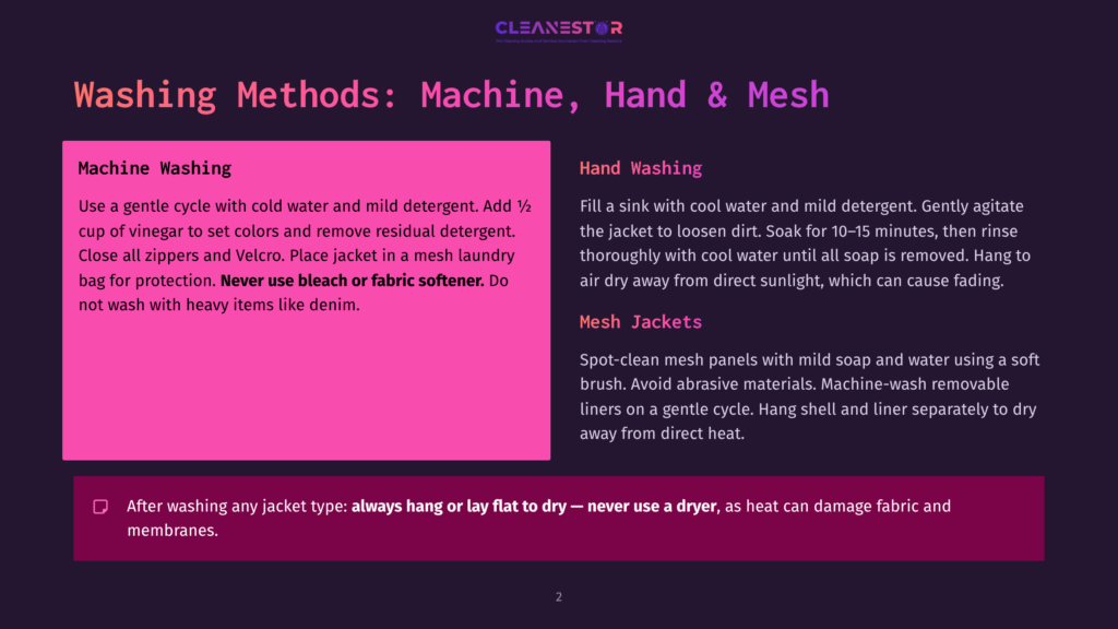 Washing Methods For Jackets: Machine Wash With Cold Water And Mild Detergent, Hand Wash With Cool Water And Mild Detergent, Or Spot Clean With Mild Soap And Water. Avoid Abrasive Materials.