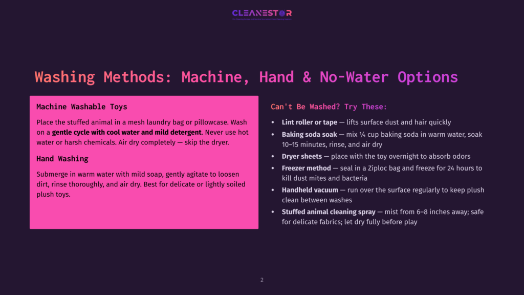 A Dark Purple Slide With A Pink Overlay Displays Washing Methods For Stuffed Animals. It Lists Machine Washable Toys, Hand Washing, And No-Water Options Like Lint Rollers And Dryer Sheets.