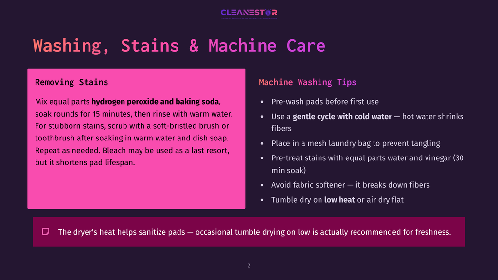 Dark Background Slide With Text About Washing And Stain Removal For Pads. Includes &Quot;Cleanestor&Quot; Logo, Washing Tips, And Stain Removal Instructions For Pads Using Hydrogen Peroxide And Baking Soda.