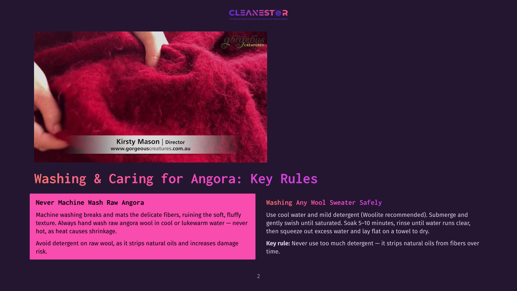 Close-Up Of A Hand Gently Holding A Fluffy, Deep Red Angora Wool Sweater, Showing Its Soft Texture. Text Overlay Includes &Quot;Washing &Amp; Caring For Angora: Key Rules&Quot; And &Quot;Gorgeous Creatures&Quot;.