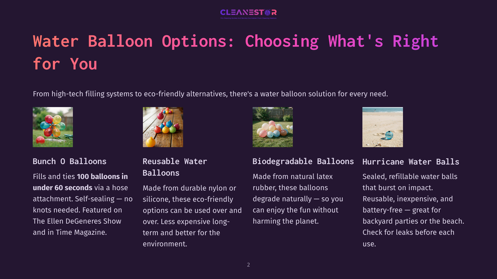 Four Different Types Of Water Balloons: A Bunch Of Colorful Latex Balloons, Reusable Silicone Water Balloons, Biodegradable Balloons On A Beach, And A Single Hurricane Water Ball On Sand.