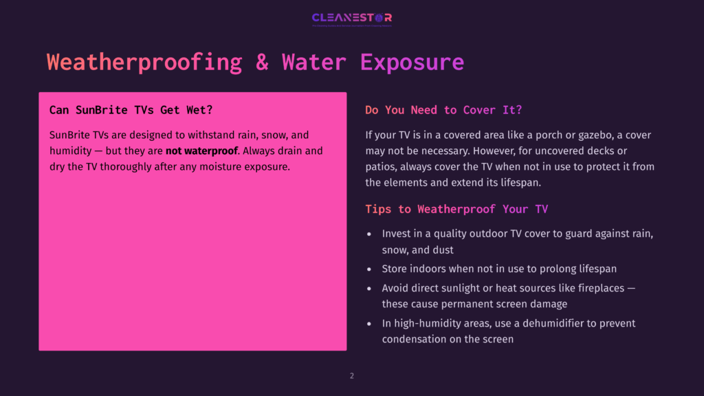 Presentation Slide Titled &Quot;Weatherproofing &Amp; Water Exposure&Quot; With Text About Sunbrite Tvs And Tips For Weatherproofing. The Slide Has A Dark Purple Background With Bright Pink Sections.