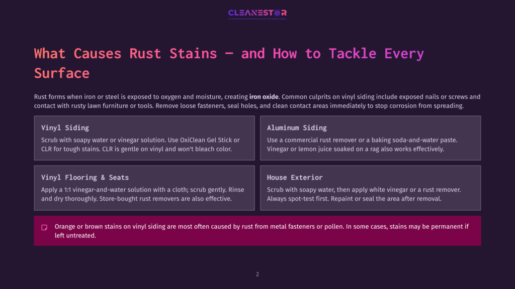 Cleanestor Logo With Text &Quot;What Causes Rust Stains - And How To Tackle Every Surface&Quot; And Sections On Vinyl Siding, Aluminum Siding, Vinyl Flooring &Amp; Seats, And House Exterior.
