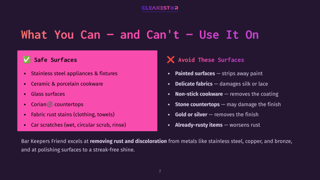 A Graphic With Text Lists Safe Surfaces For A Cleaning Product, Including Stainless Steel Appliances, Cookware, Glass, Corian Countertops, Fabric, And Car Scratches. It Also Lists Surfaces To Avoid, Such As Painted Surfaces, Delicate Fabrics, Non-Stick Cookware, Stone Countertops, And Rusty Items.