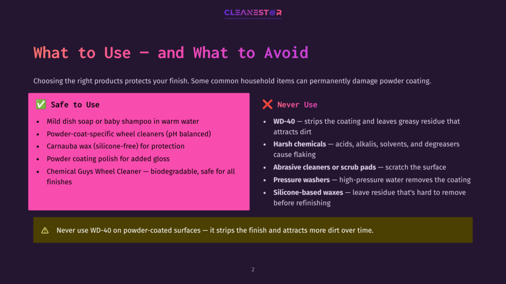 2 What To Use And What To Avoid Infographic Comparing What To Use And What To Avoid On Powder-Coated Surfaces, With A Green Checkmark For Safe Items Like Mild Dish Soap And A Red X For Unsafe Items Like Wd-40 And Harsh Chemicals.