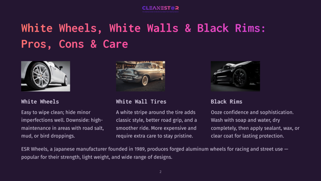 Three Images Of Car Wheels: A White Wheel With A Clean Rim, A Classic Car With White Wall Tires, And A Black Rim Wheel With A Sporty Design. Text: White Wheels, White Walls &Amp; Black Rims: Pros, Cons &Amp; Care.