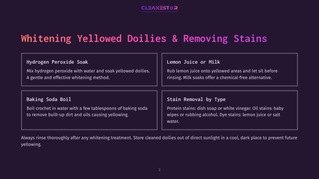 2 Whitening Yellowed Doilies And Removing Stains A Dark Purple Background With A Title In Bright Pink Text That Reads &Quot;Whitening Yellowed Doilies &Amp; Removing Stains.&Quot; Below The Title Are Four White Boxes, Each With A Heading And Instructions For Cleaning Doilies.
